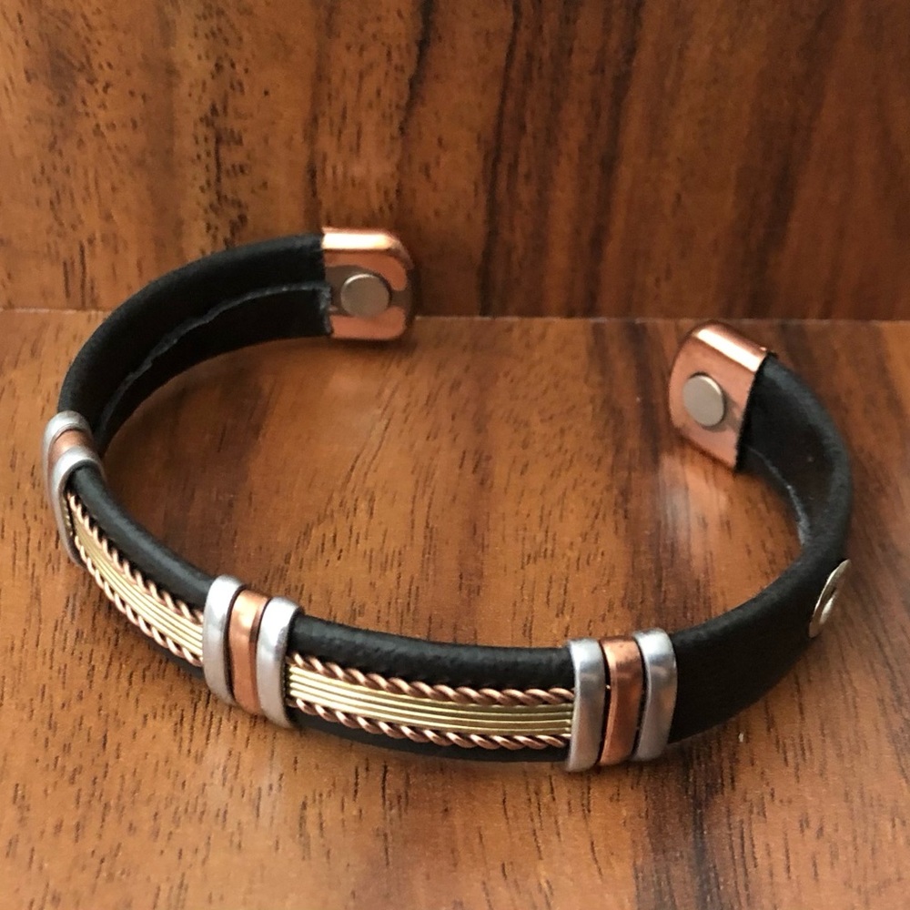 Two Tone Leather Wrapped Pure Copper Magnetic Bracelet Energy Cuff Bangle